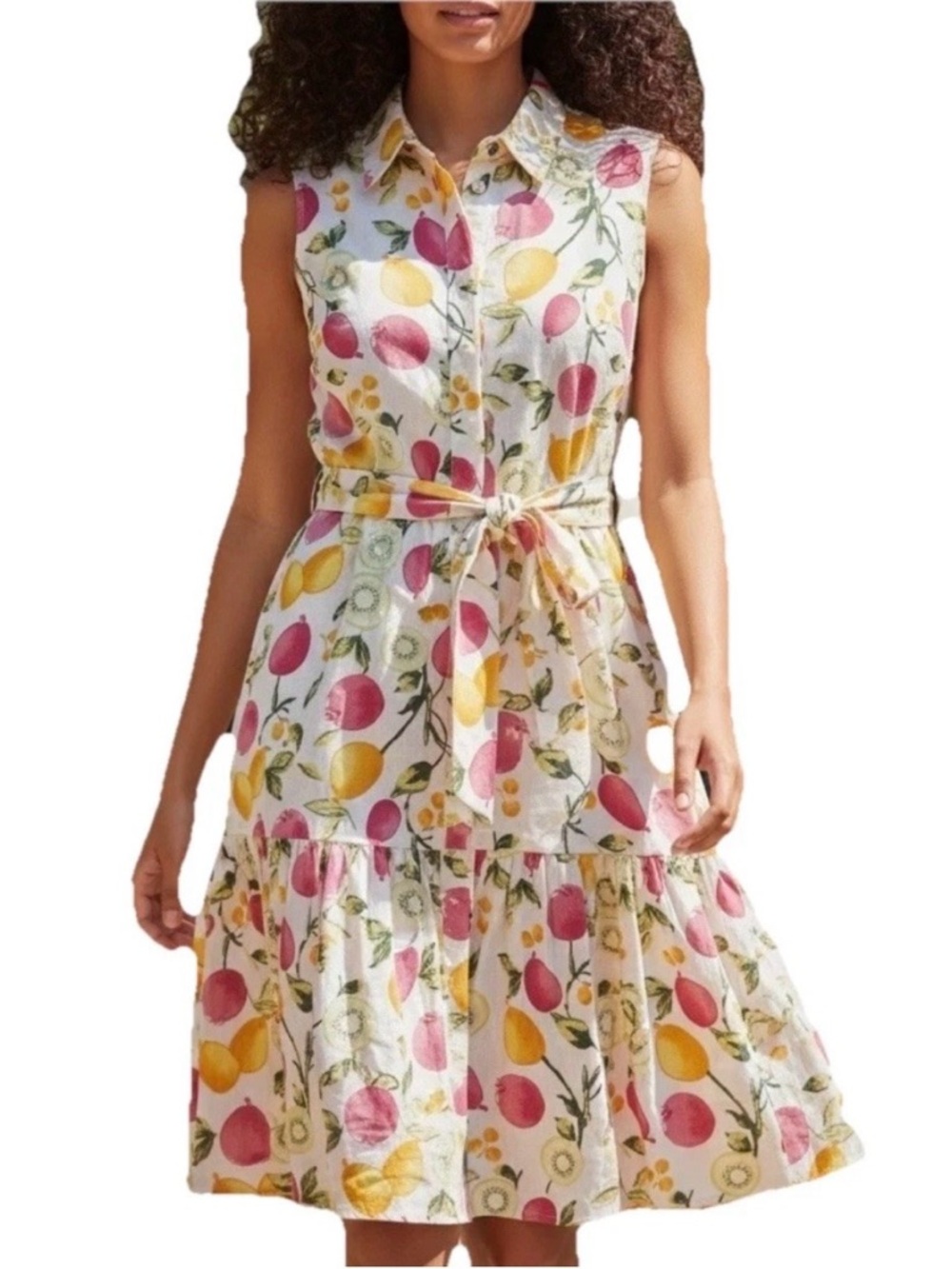 NU Cynthia Rowley fruit lemon linen blend tiered button summer sun dress 12